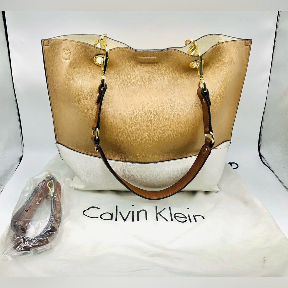 Calvin Klein Colorblock Tote Bag Tan White Gold Hardware Shoulder Purse NWT